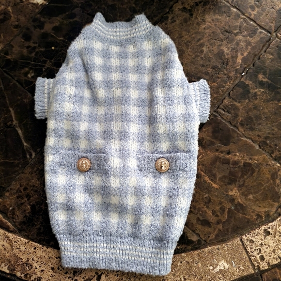 Bloomingdales Aqua light blue plaid gold buttons dog Cardigan sweater xs & s NWT - Picture 3 of 6